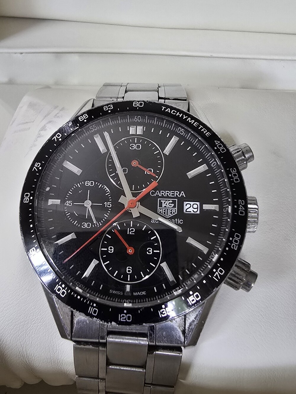 Tag Heuer Black Dial Stainless Steel Carrera Chronograph with Red Accents